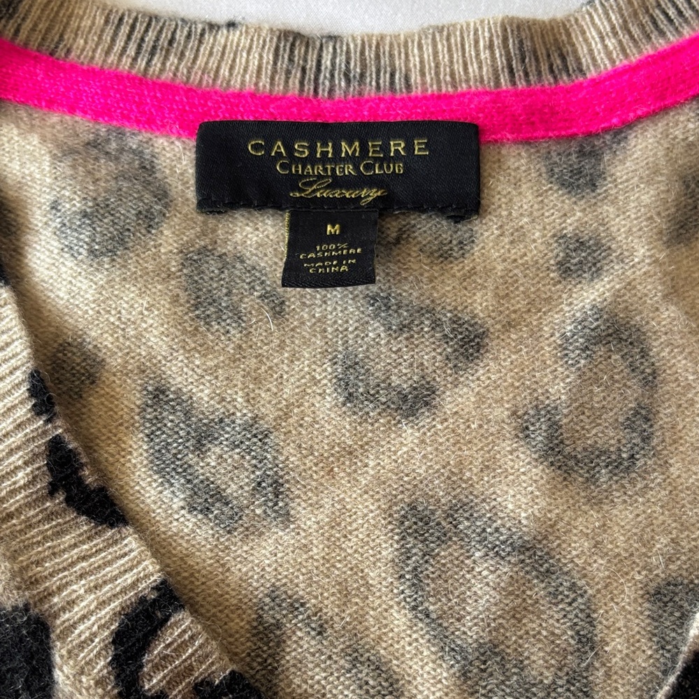 Charter Club Cashmere Leopard-Print Sweater in Beige, Black & Hot Pink Trim